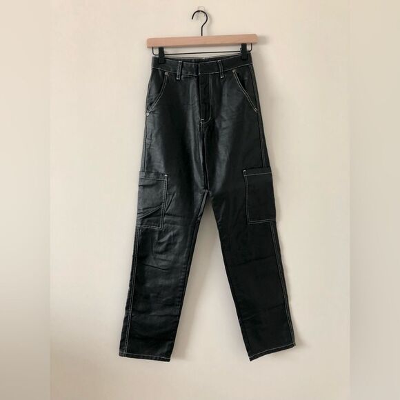 PrettyLittleThing Pants - Pretty Little Thing Coated Cargo Denim with Contrast Stitching in Black Size - 4